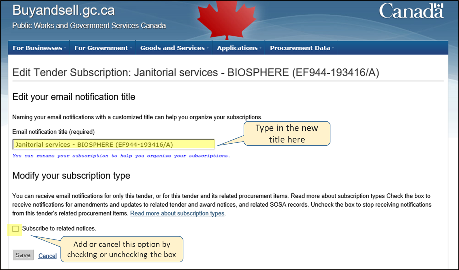 Screenshot of the tender subscription editing page